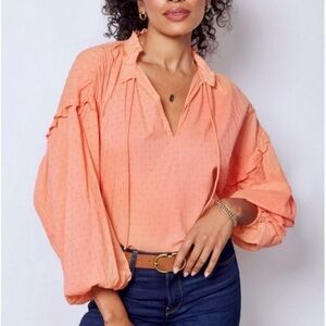 NWT Cleobella Phoenix Coral Blouse Organic Cotton Dobby Split Nec Ruffle Boho